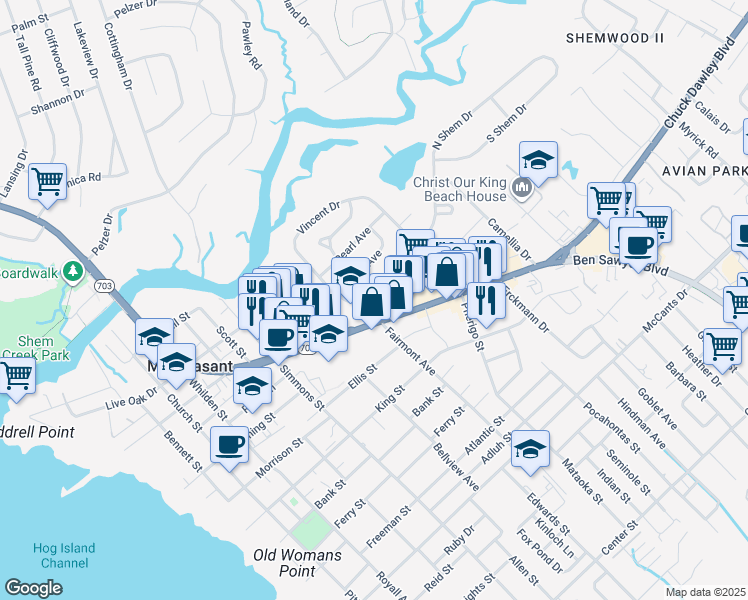map of restaurants, bars, coffee shops, grocery stores, and more near 7 Shem Drive in Mount Pleasant