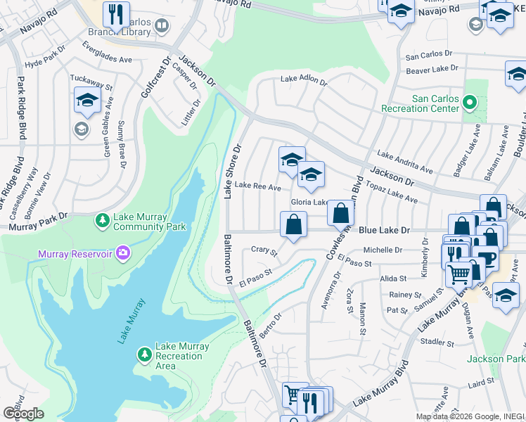 map of restaurants, bars, coffee shops, grocery stores, and more near 6243 Lake Lomond Drive in San Diego