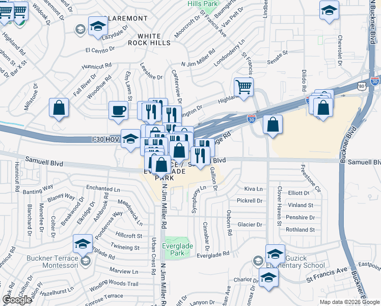 map of restaurants, bars, coffee shops, grocery stores, and more near 8344 East R L Thornton Freeway in Dallas