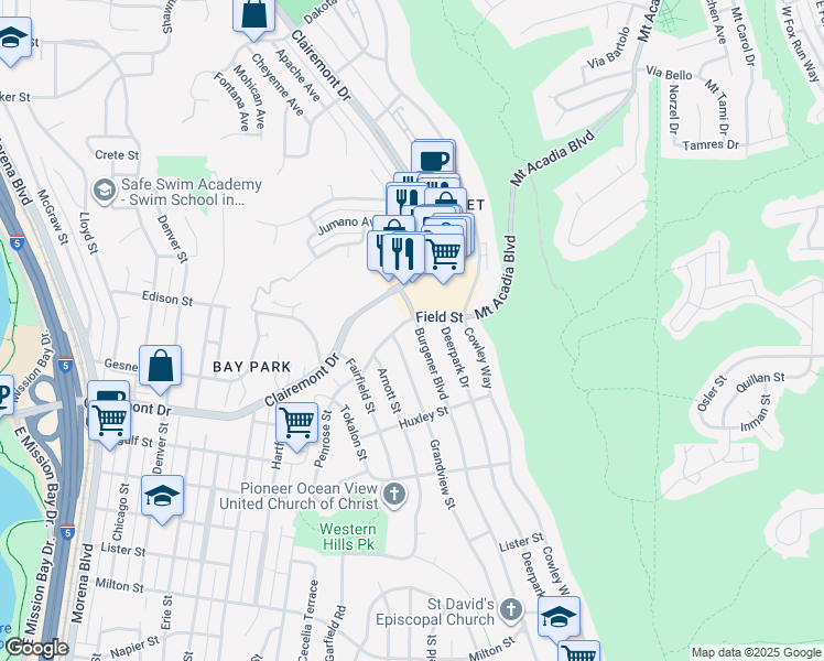 map of restaurants, bars, coffee shops, grocery stores, and more near 2868 Burgener Boulevard in San Diego