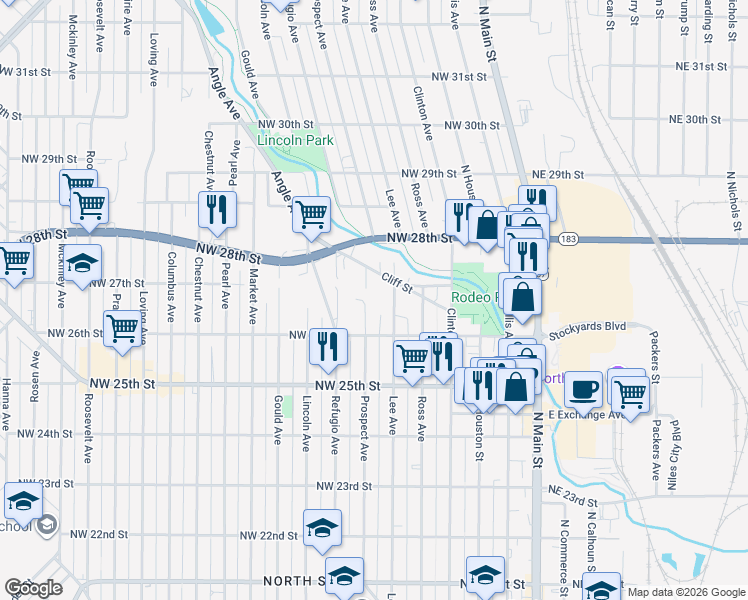 map of restaurants, bars, coffee shops, grocery stores, and more near 2616 Prospect Avenue in Fort Worth