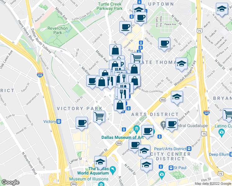 map of restaurants, bars, coffee shops, grocery stores, and more near 2535 North Pearl Street in Dallas