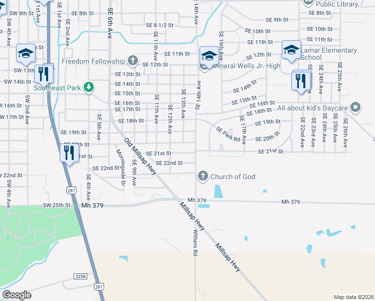 map of restaurants, bars, coffee shops, grocery stores, and more near 1307 Southeast 21st Street in Mineral Wells