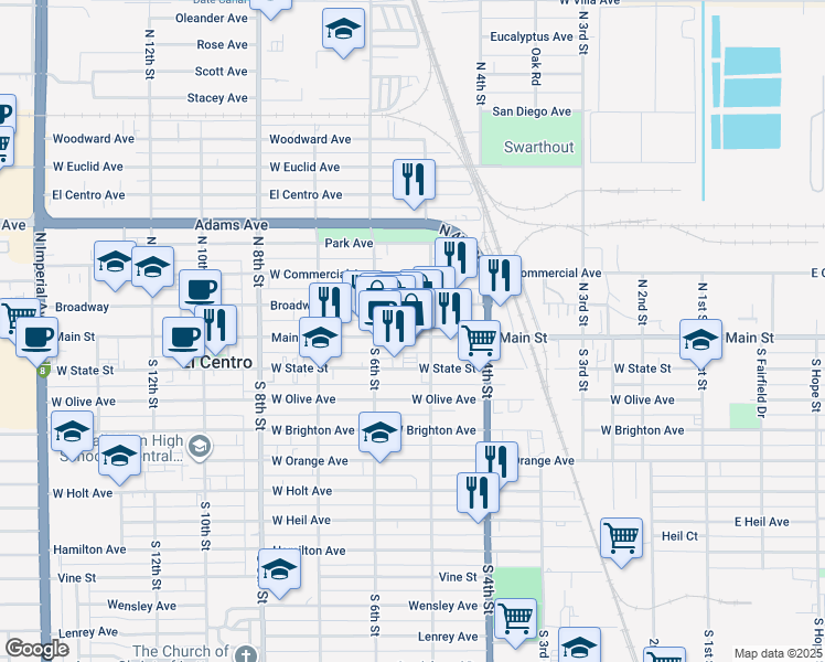 map of restaurants, bars, coffee shops, grocery stores, and more near 528 Main Street in El Centro