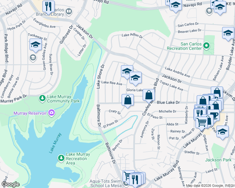 map of restaurants, bars, coffee shops, grocery stores, and more near 6243 Lake Lomond Drive in San Diego