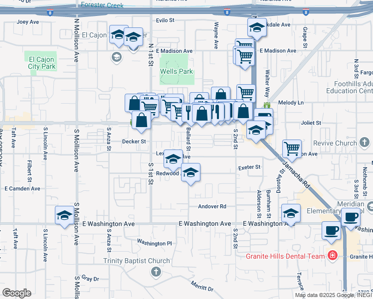 map of restaurants, bars, coffee shops, grocery stores, and more near 290 Ballard Street in El Cajon