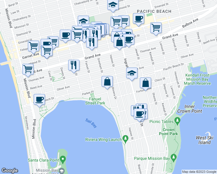 map of restaurants, bars, coffee shops, grocery stores, and more near 4073 Gresham Street in San Diego