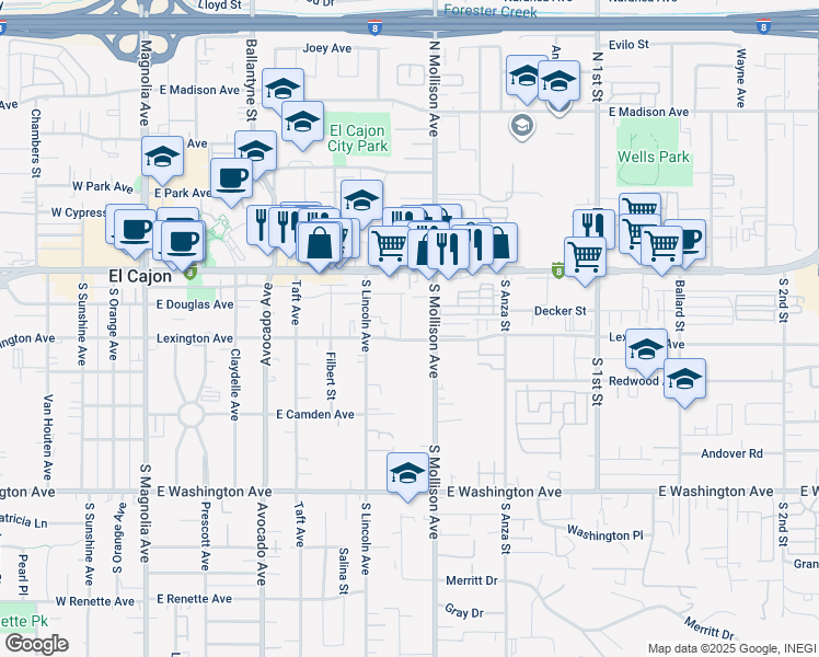 map of restaurants, bars, coffee shops, grocery stores, and more near 800 East Lexington Avenue in El Cajon