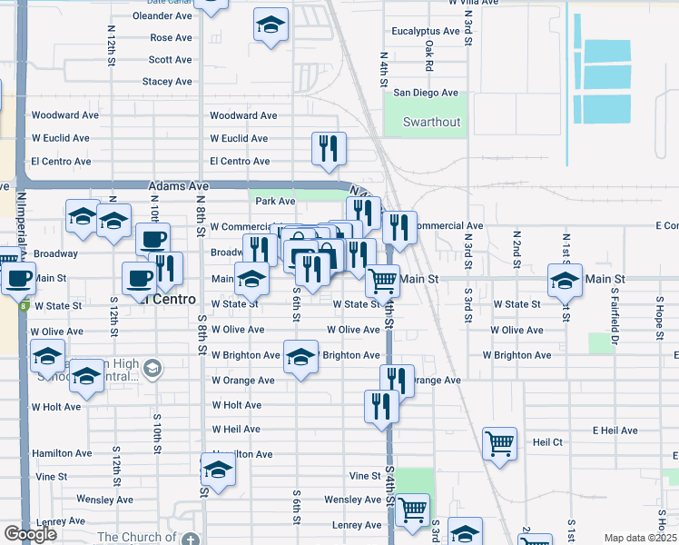 map of restaurants, bars, coffee shops, grocery stores, and more near 528 Main Street in El Centro