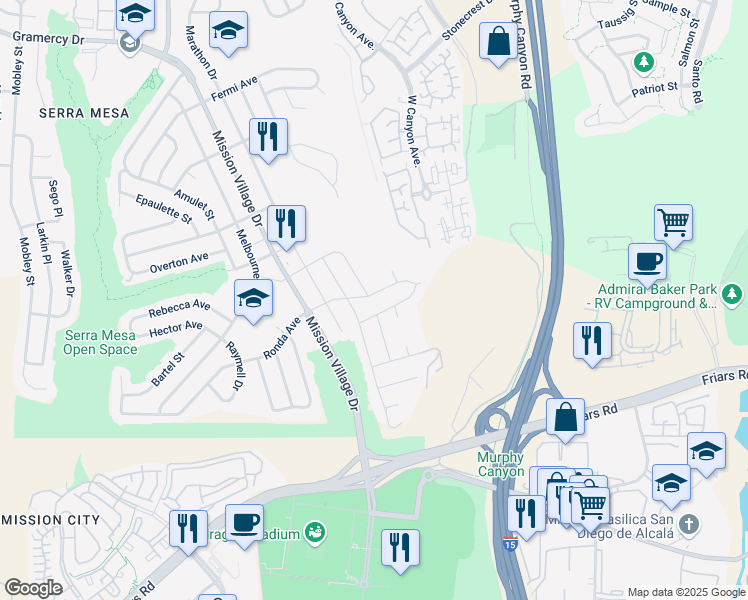 map of restaurants, bars, coffee shops, grocery stores, and more near 9501 Ronda Avenue in San Diego