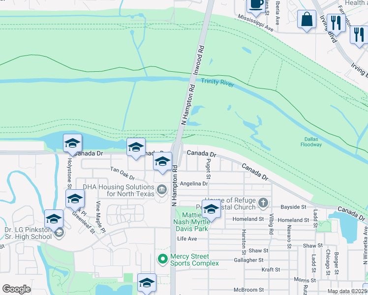 map of restaurants, bars, coffee shops, grocery stores, and more near 2043 Canada Drive in Dallas