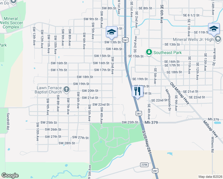 map of restaurants, bars, coffee shops, grocery stores, and more near 2016 Southwest 2nd Avenue in Mineral Wells