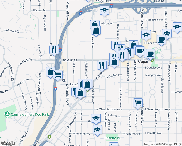 map of restaurants, bars, coffee shops, grocery stores, and more near 246 South Johnson Avenue in El Cajon
