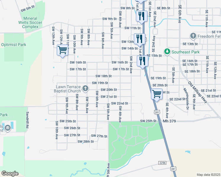 map of restaurants, bars, coffee shops, grocery stores, and more near 512 Southwest 20th Street in Mineral Wells