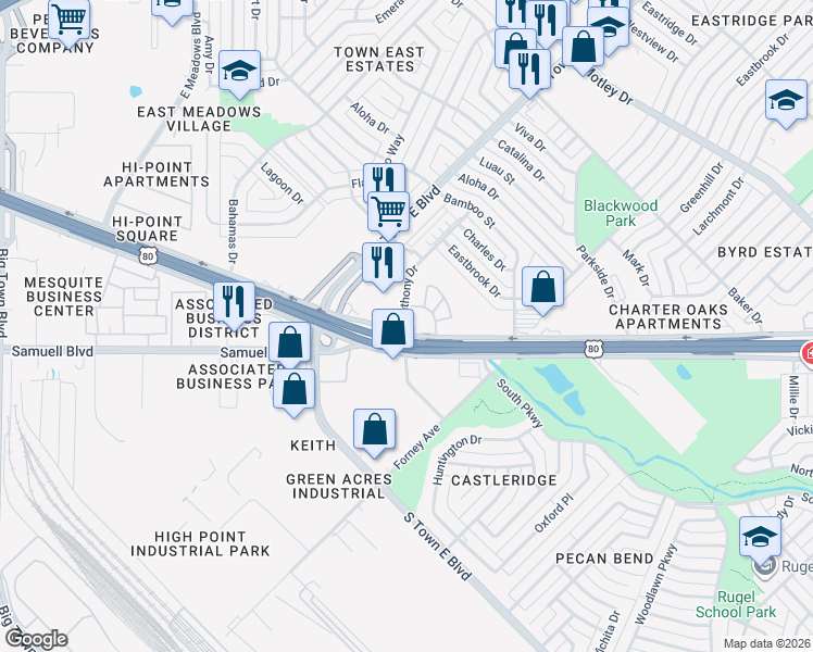 map of restaurants, bars, coffee shops, grocery stores, and more near 3511 U.S. 80 Frontage Road in Mesquite