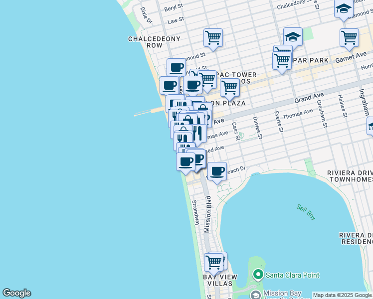 map of restaurants, bars, coffee shops, grocery stores, and more near 4255 Ocean Boulevard in San Diego