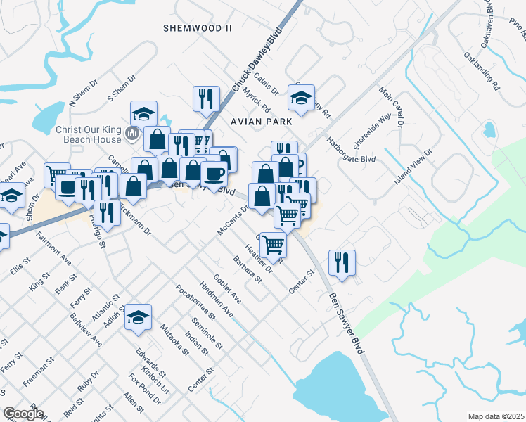 map of restaurants, bars, coffee shops, grocery stores, and more near 1405 Ben Sawyer Bikeway in Mount Pleasant
