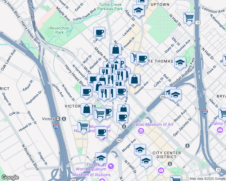 map of restaurants, bars, coffee shops, grocery stores, and more near North Pearl Street & Cedar Springs Road in Dallas