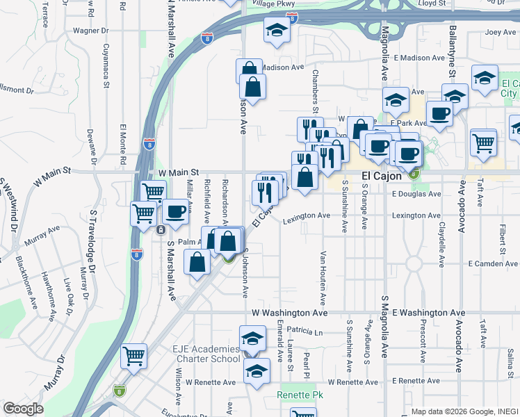 map of restaurants, bars, coffee shops, grocery stores, and more near 513 Sandstone Court in El Cajon