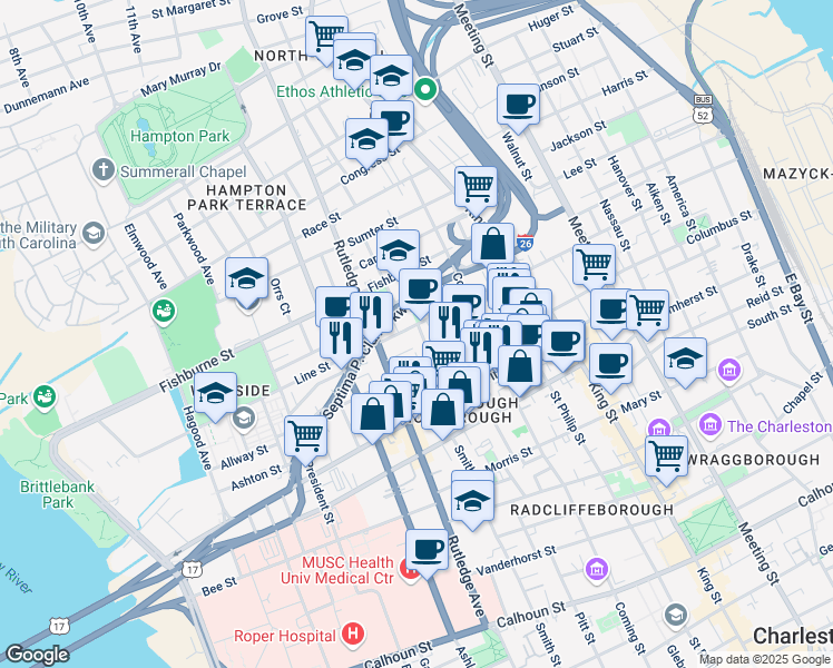 map of restaurants, bars, coffee shops, grocery stores, and more near 43 Rose Lane in Charleston