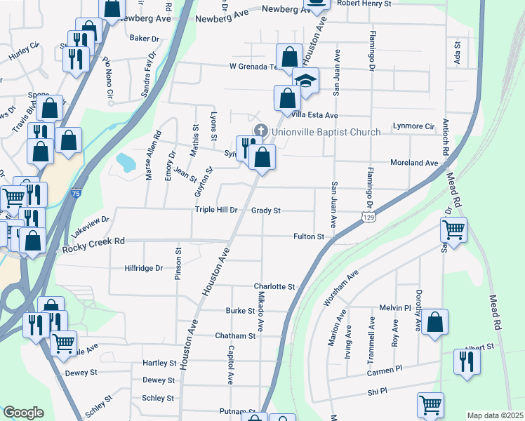 map of restaurants, bars, coffee shops, grocery stores, and more near 912 Grady Street in Macon