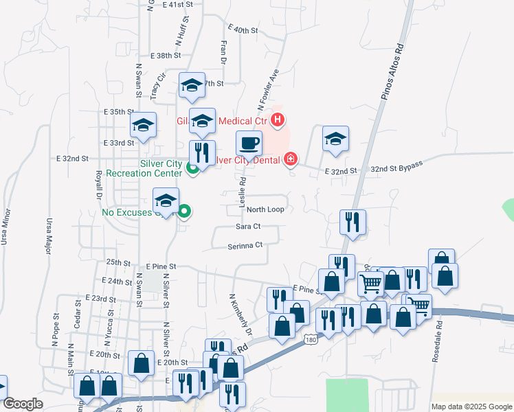 map of restaurants, bars, coffee shops, grocery stores, and more near 1305 North Loop in Silver City