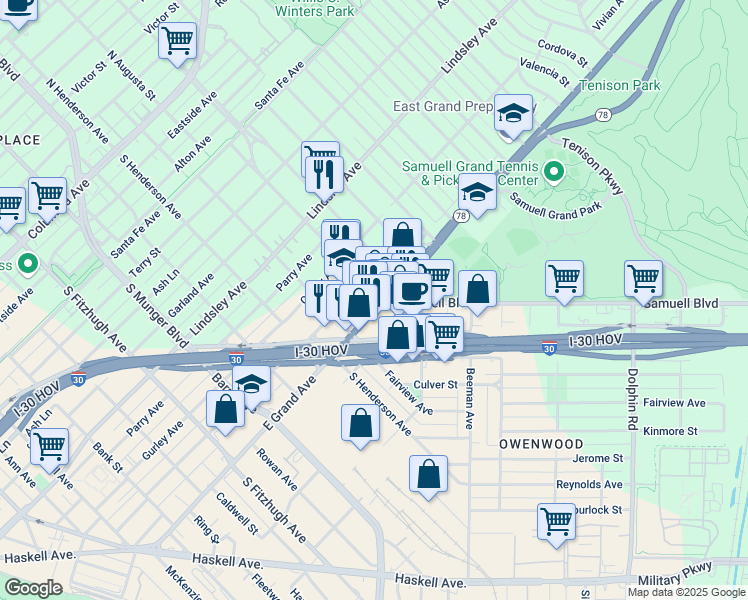 map of restaurants, bars, coffee shops, grocery stores, and more near 5439 East Grand Avenue in Dallas
