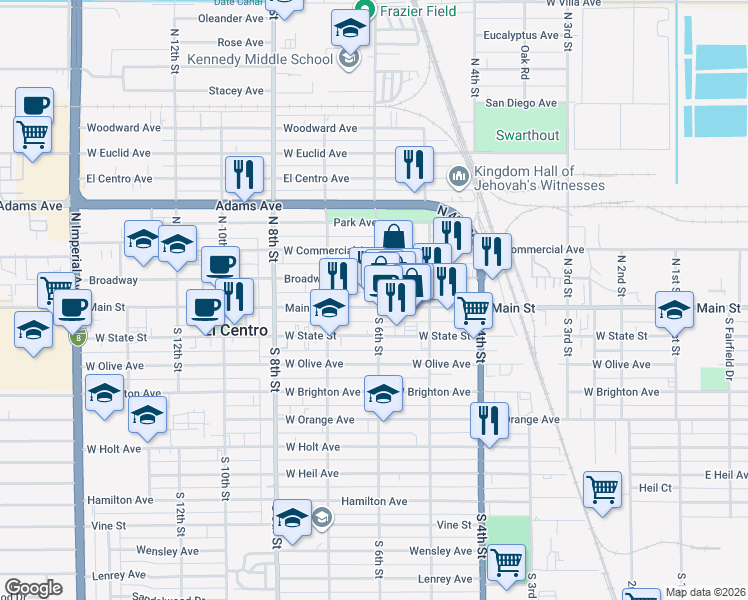 map of restaurants, bars, coffee shops, grocery stores, and more near 600 West Main Street in El Centro