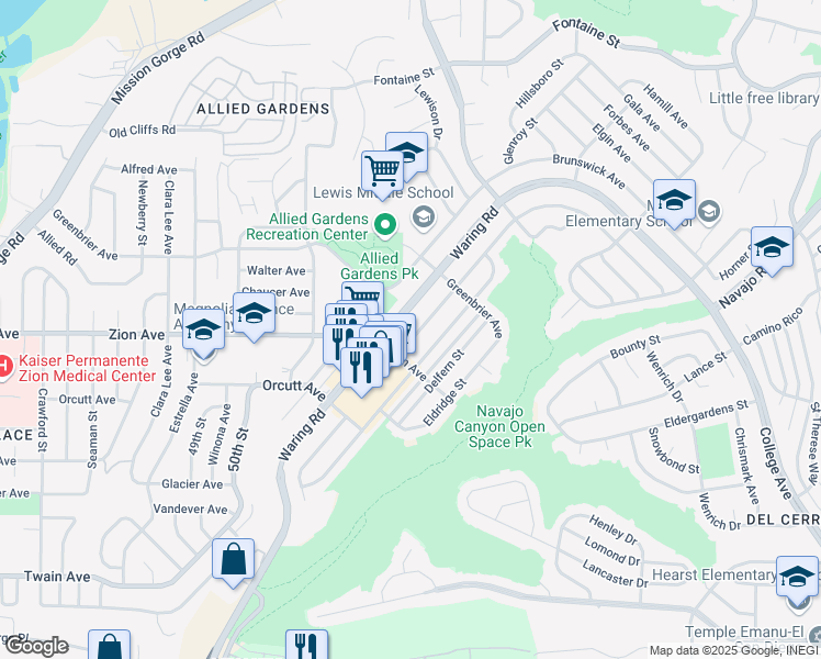 map of restaurants, bars, coffee shops, grocery stores, and more near 6652 Birchwood Street in San Diego