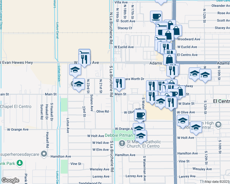 map of restaurants, bars, coffee shops, grocery stores, and more near 202 Main Street in El Centro