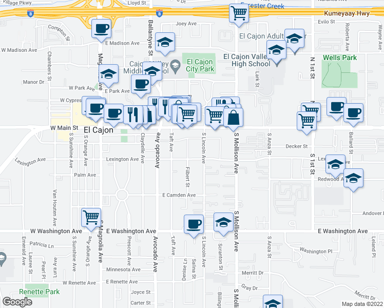 map of restaurants, bars, coffee shops, grocery stores, and more near 620 Lexington Avenue in El Cajon