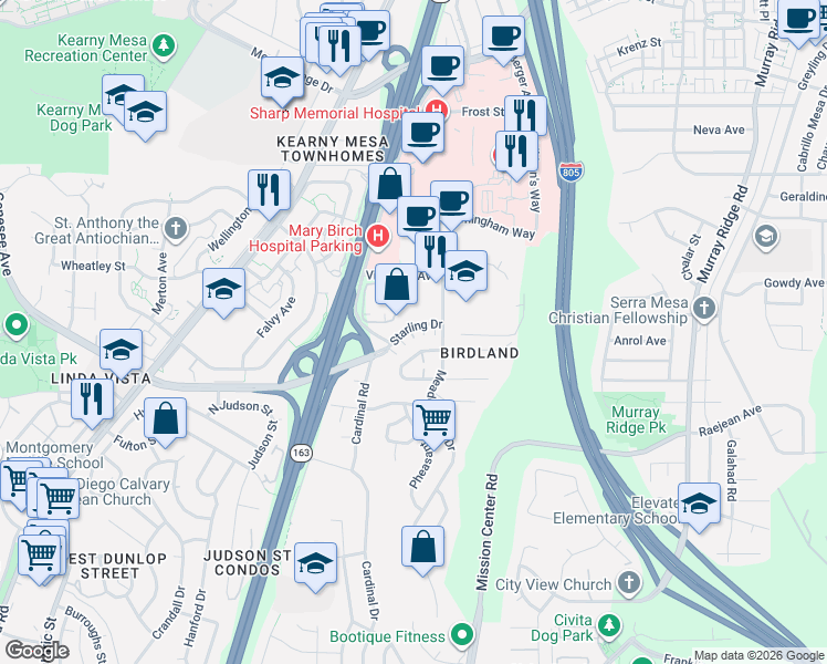 map of restaurants, bars, coffee shops, grocery stores, and more near 7799 Starling Drive in San Diego