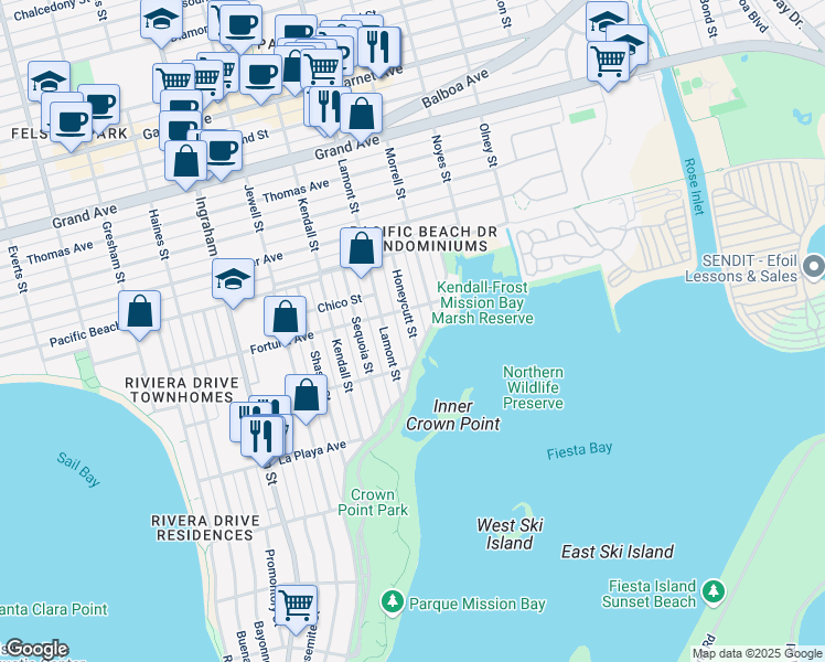 map of restaurants, bars, coffee shops, grocery stores, and more near 3967 Lamont Street in San Diego