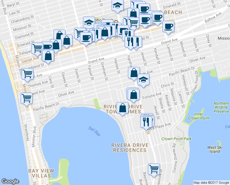 map of restaurants, bars, coffee shops, grocery stores, and more near 4065 Riviera Drive in San Diego