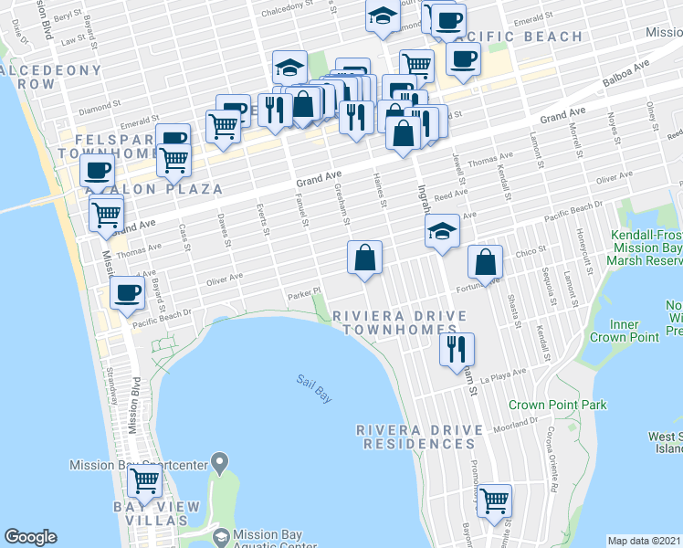 map of restaurants, bars, coffee shops, grocery stores, and more near 1369 Pacific Beach Drive in San Diego