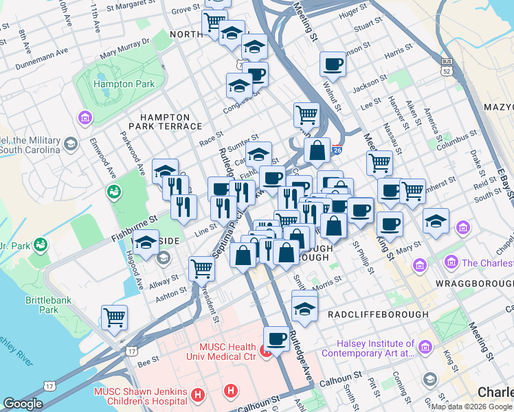 map of restaurants, bars, coffee shops, grocery stores, and more near 280 Rutledge Avenue in Charleston