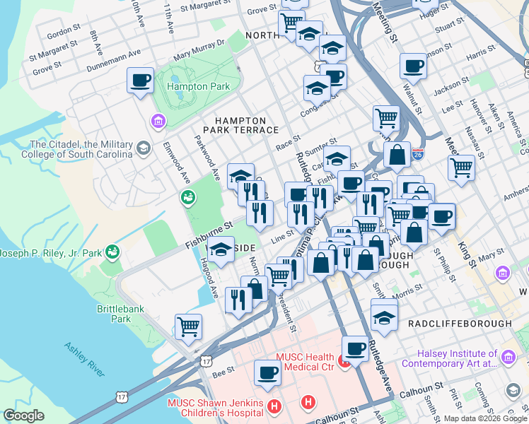map of restaurants, bars, coffee shops, grocery stores, and more near 13 Killians Street in Charleston