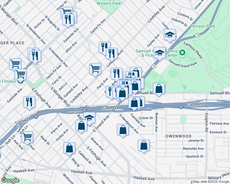 map of restaurants, bars, coffee shops, grocery stores, and more near 5413 Philip Avenue in Dallas