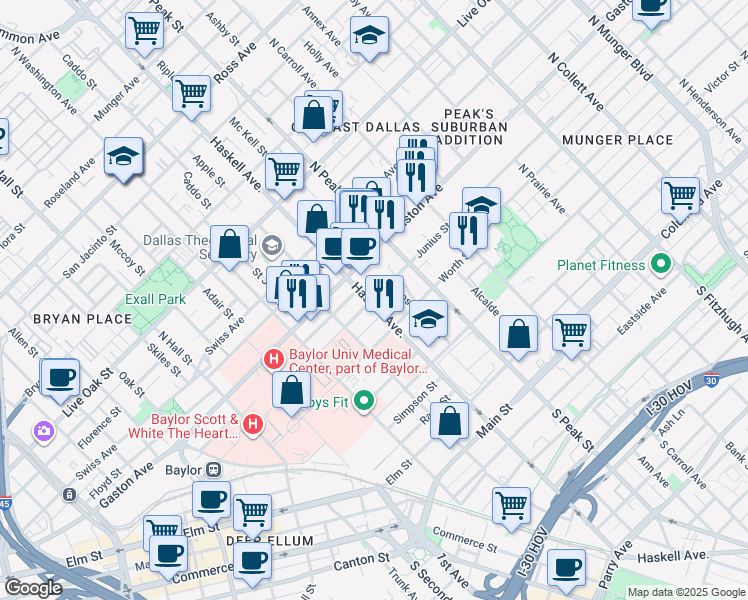 map of restaurants, bars, coffee shops, grocery stores, and more near 4104 Junius Street in Dallas