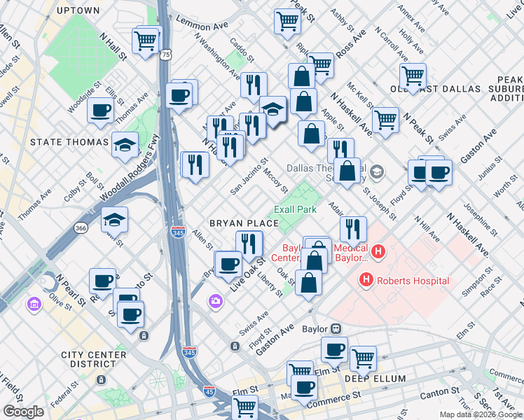 map of restaurants, bars, coffee shops, grocery stores, and more near 3121 Trevolle Place in Dallas
