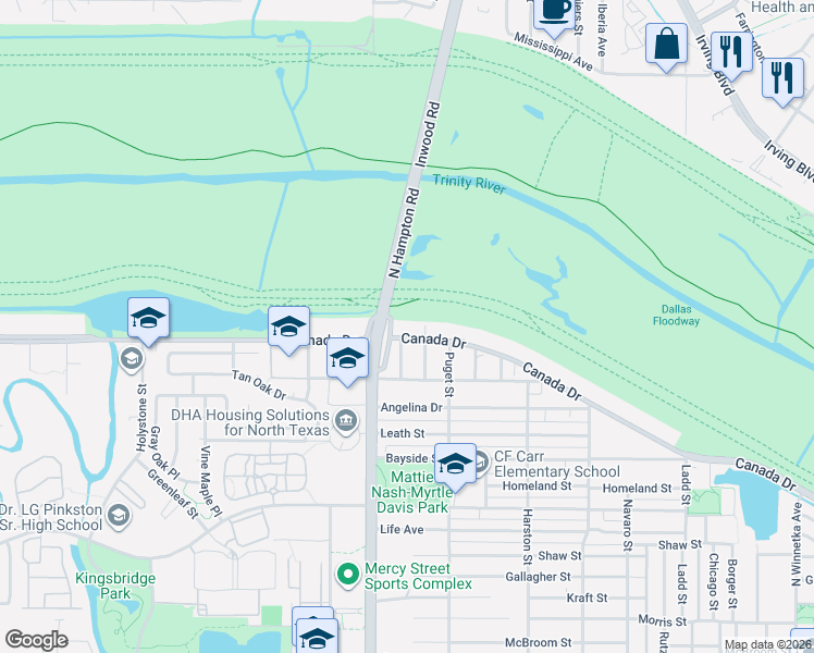 map of restaurants, bars, coffee shops, grocery stores, and more near 2043 Canada Drive in Dallas