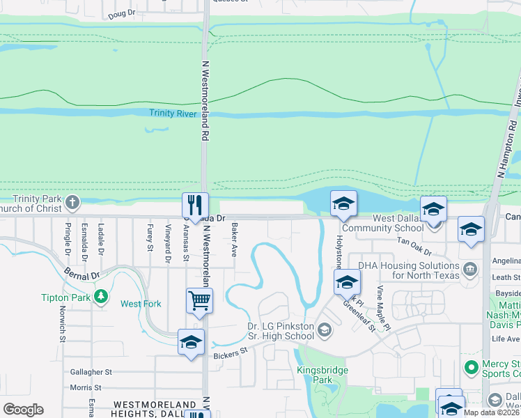 map of restaurants, bars, coffee shops, grocery stores, and more near 3103 Canada Drive in Dallas