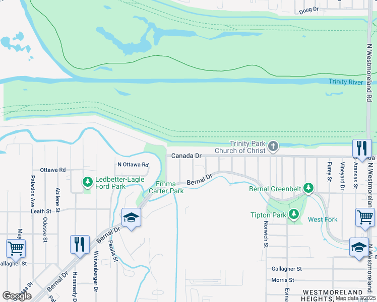 map of restaurants, bars, coffee shops, grocery stores, and more near 4215 Canada Drive in Dallas