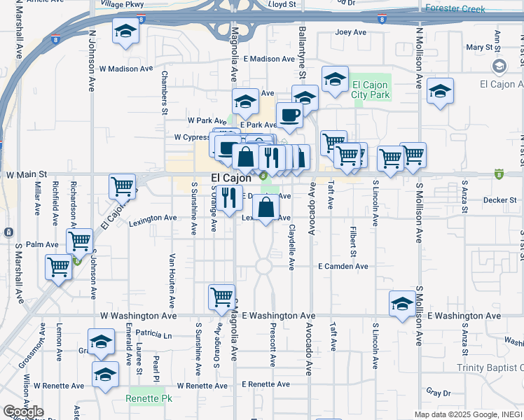 map of restaurants, bars, coffee shops, grocery stores, and more near 201 East Douglas Avenue in El Cajon