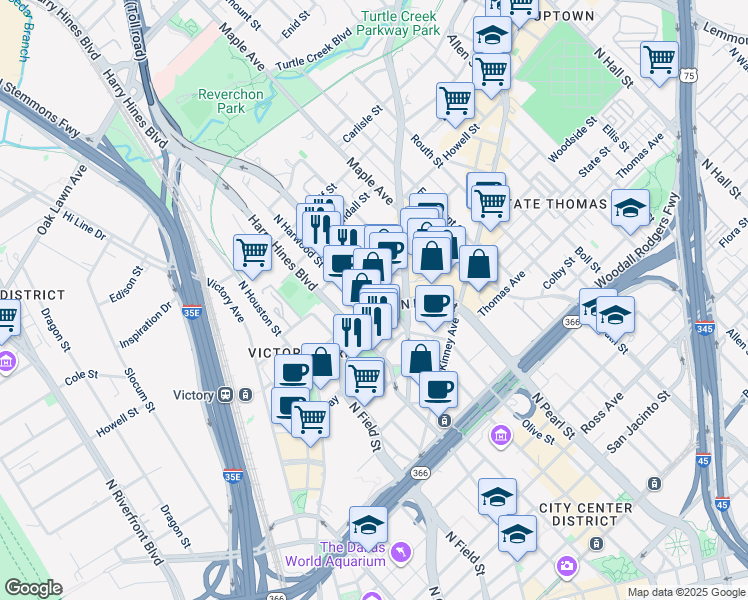 map of restaurants, bars, coffee shops, grocery stores, and more near 2651 North Harwood Street in Dallas