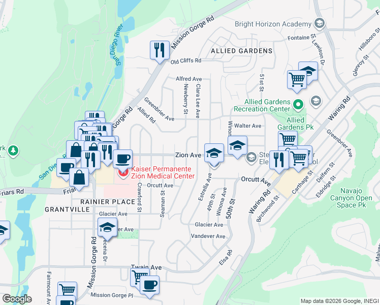 map of restaurants, bars, coffee shops, grocery stores, and more near 4820 Zion Avenue in San Diego
