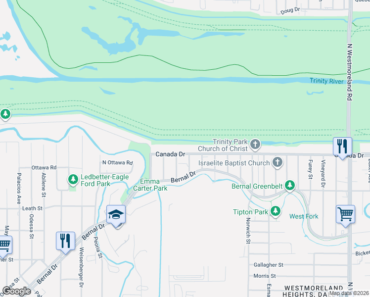 map of restaurants, bars, coffee shops, grocery stores, and more near 4107 Canada Drive in Dallas
