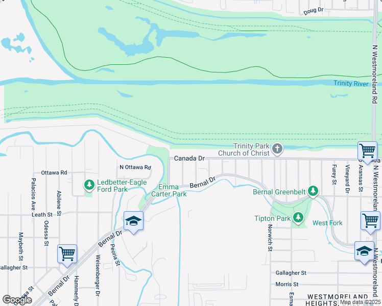 map of restaurants, bars, coffee shops, grocery stores, and more near 4215 Canada Drive in Dallas