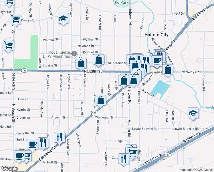 map of restaurants, bars, coffee shops, grocery stores, and more near 2309 Owens Street in Haltom City