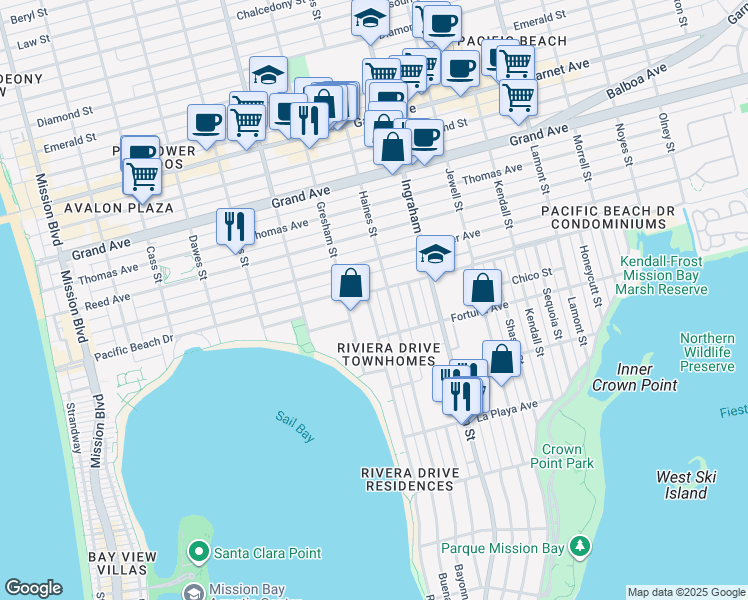 map of restaurants, bars, coffee shops, grocery stores, and more near 4073 Riviera Drive in San Diego